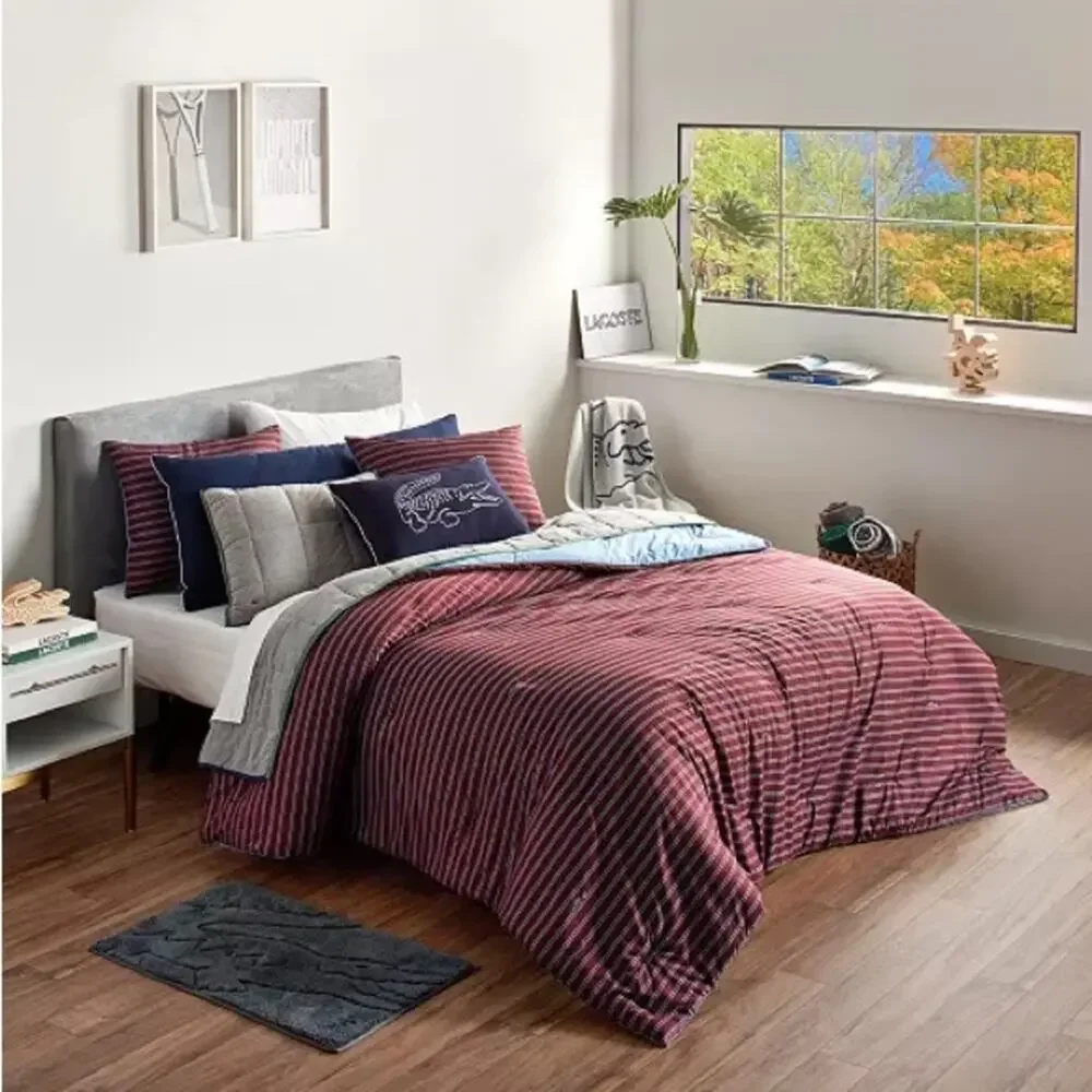 LACOSTE Burgundy Red Light Blue Stripe Comforter Throw Pillow Queen Bedding Set